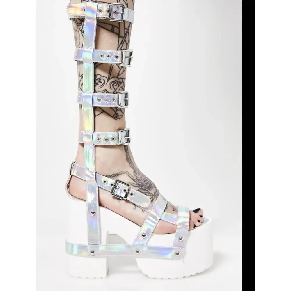 Y.R.U. Nightcall Hi Atlantis Holographic Platform Heels •8• Cage Gladiator YRU